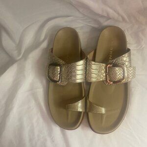 Donald Pliner Lorenzo slip-on toe-ring sandals/gold python embossed leather, 9M